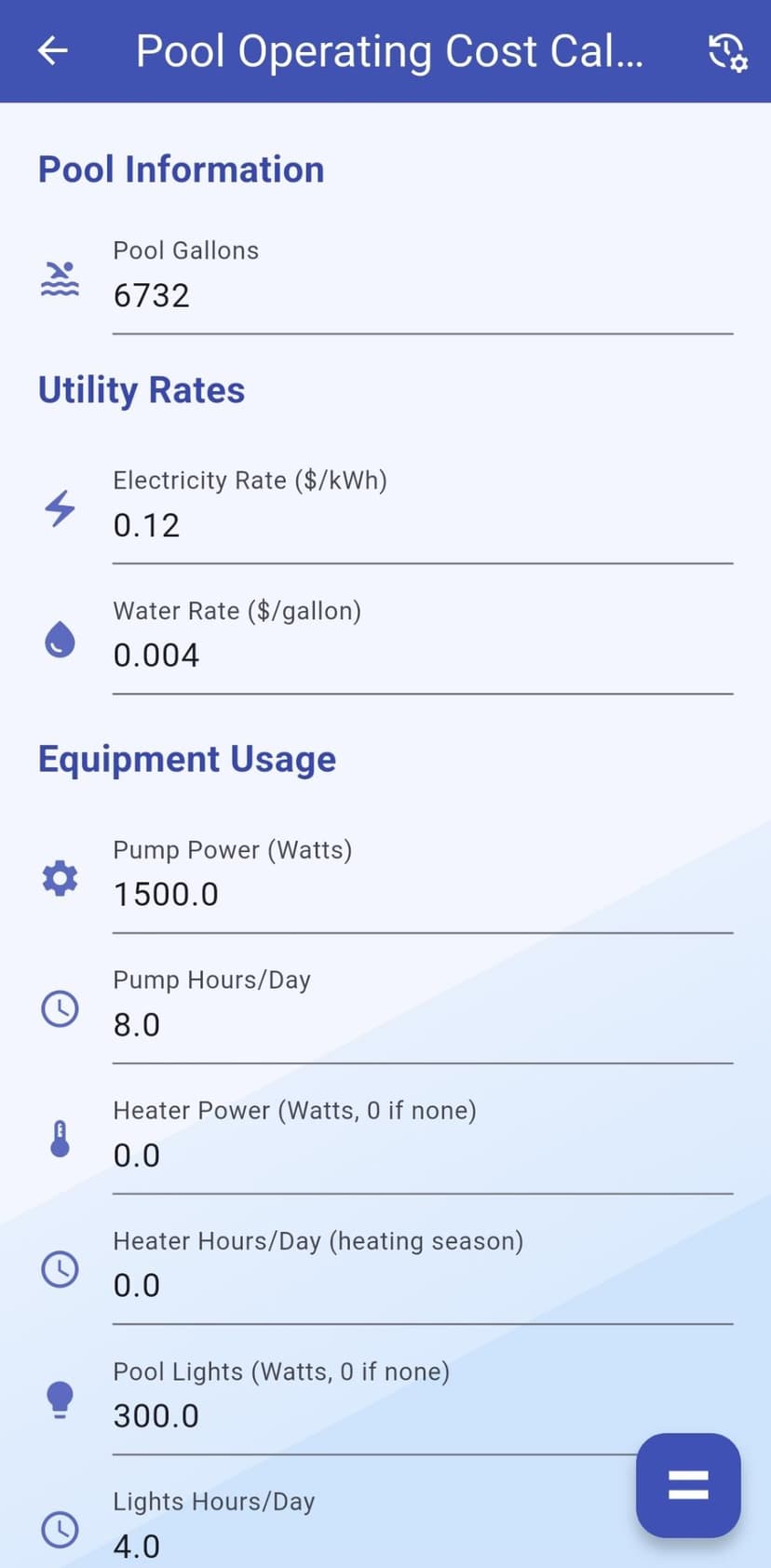 Pool Operating Cost Calculator App