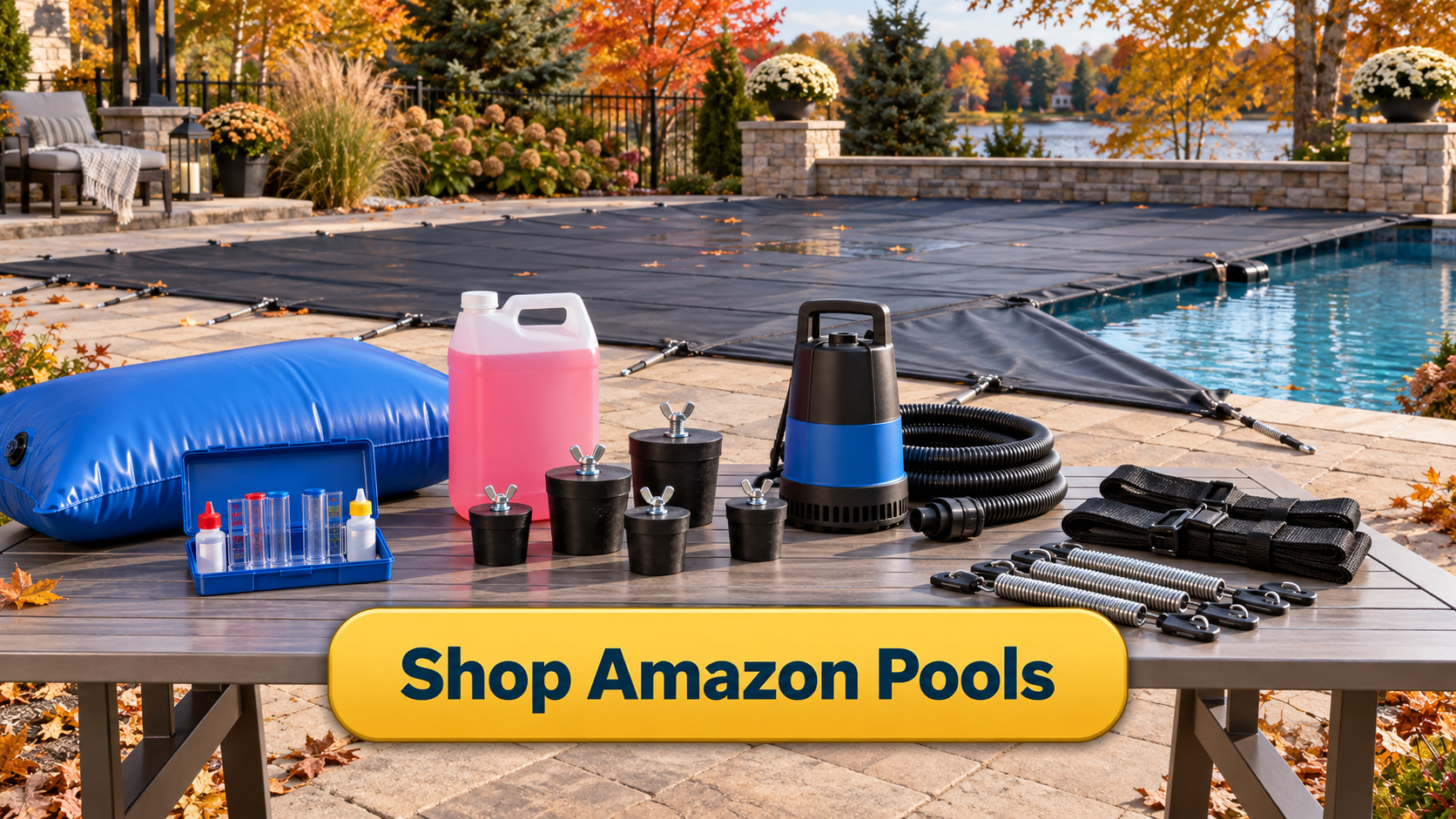 Shop Amazon Pools button with inground pool closing supplies including plugs, pool antifreeze, cover pump, air pillow, and cover hardware