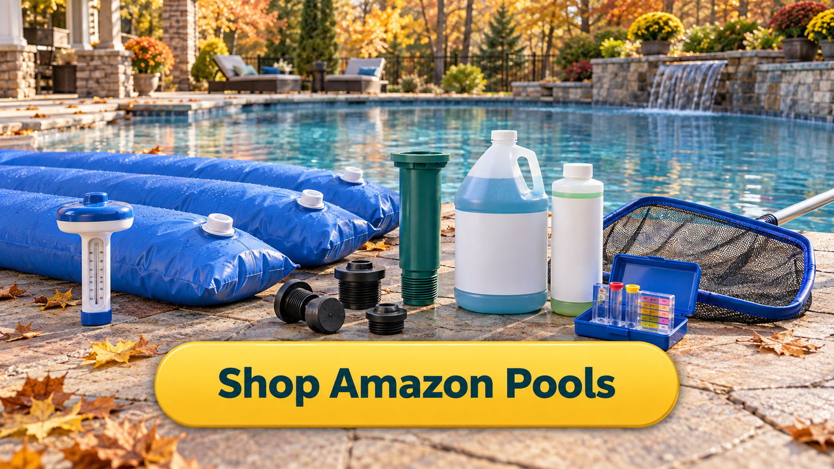 Shop Amazon Pools button with pool closing supplies, thermometer, water bags, plugs, antifreeze, and test kit