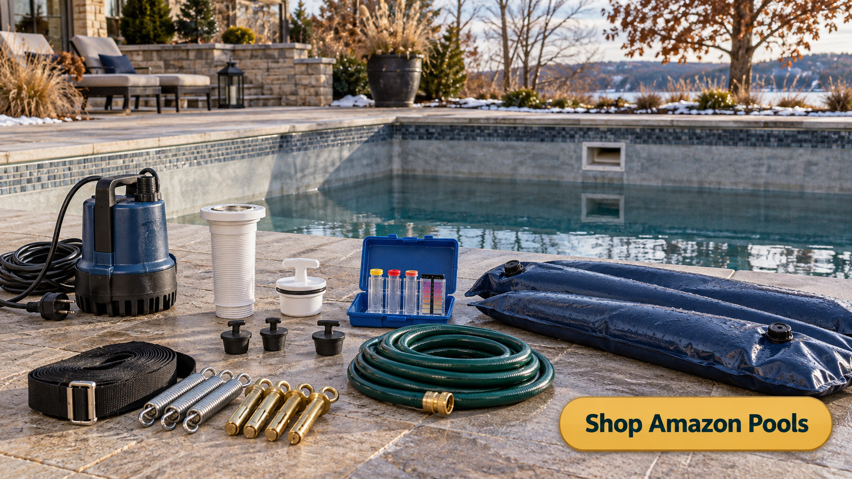 Shop Amazon Pools button with winter pool closing supplies including cover pump, skimmer plug, test kit, return plugs, hose, and cover hardware