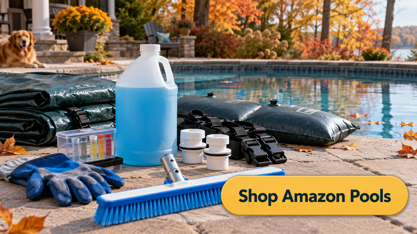 Shop Amazon Pools button with winter algaecide, pool closing plugs, test kit, brush, gloves, water bags, and winter cover supplies