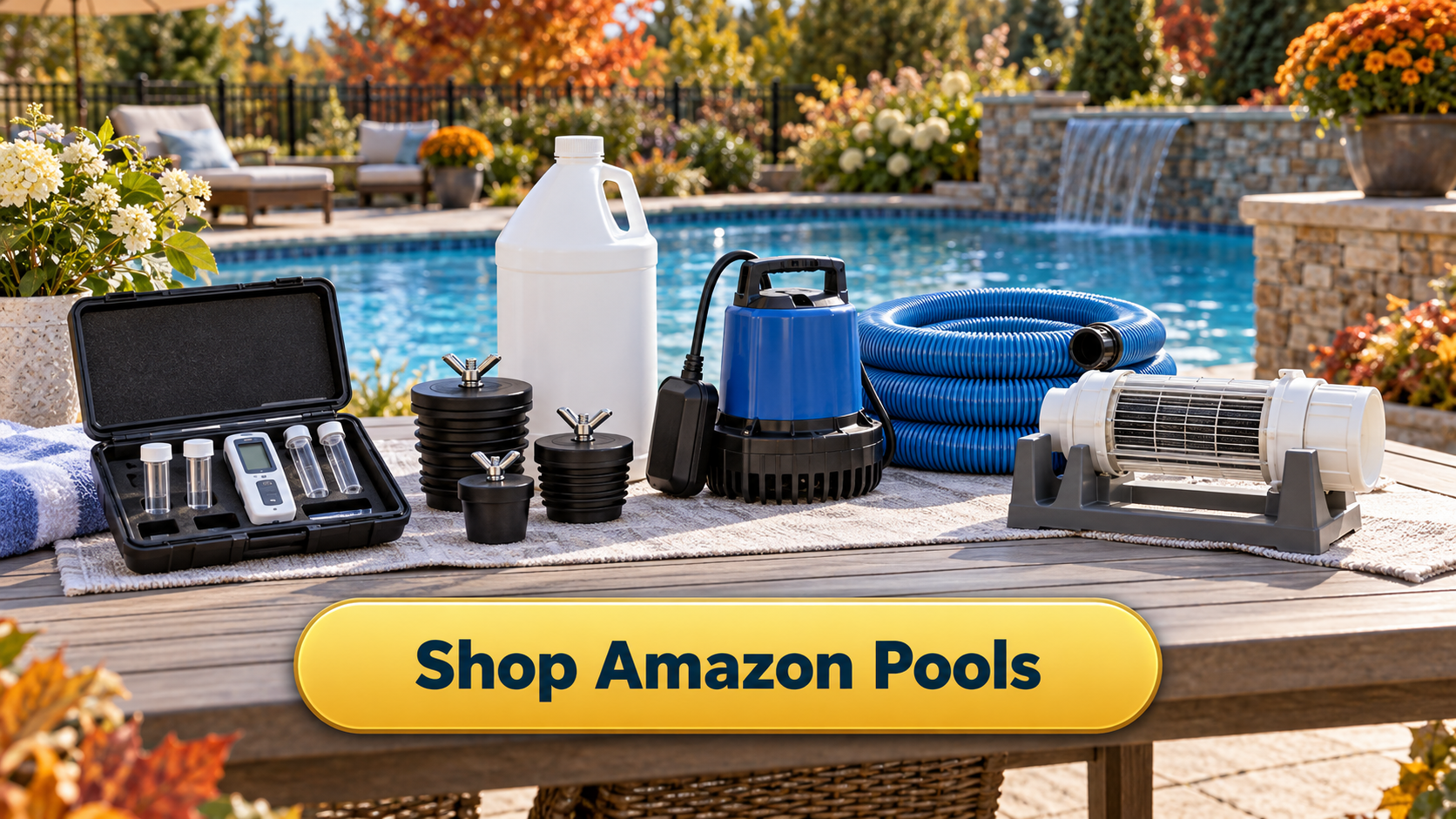Shop Amazon Pools button with saltwater pool winterizing supplies, salt test kit, plugs, cover pump, hose, and salt cell cleaning stand