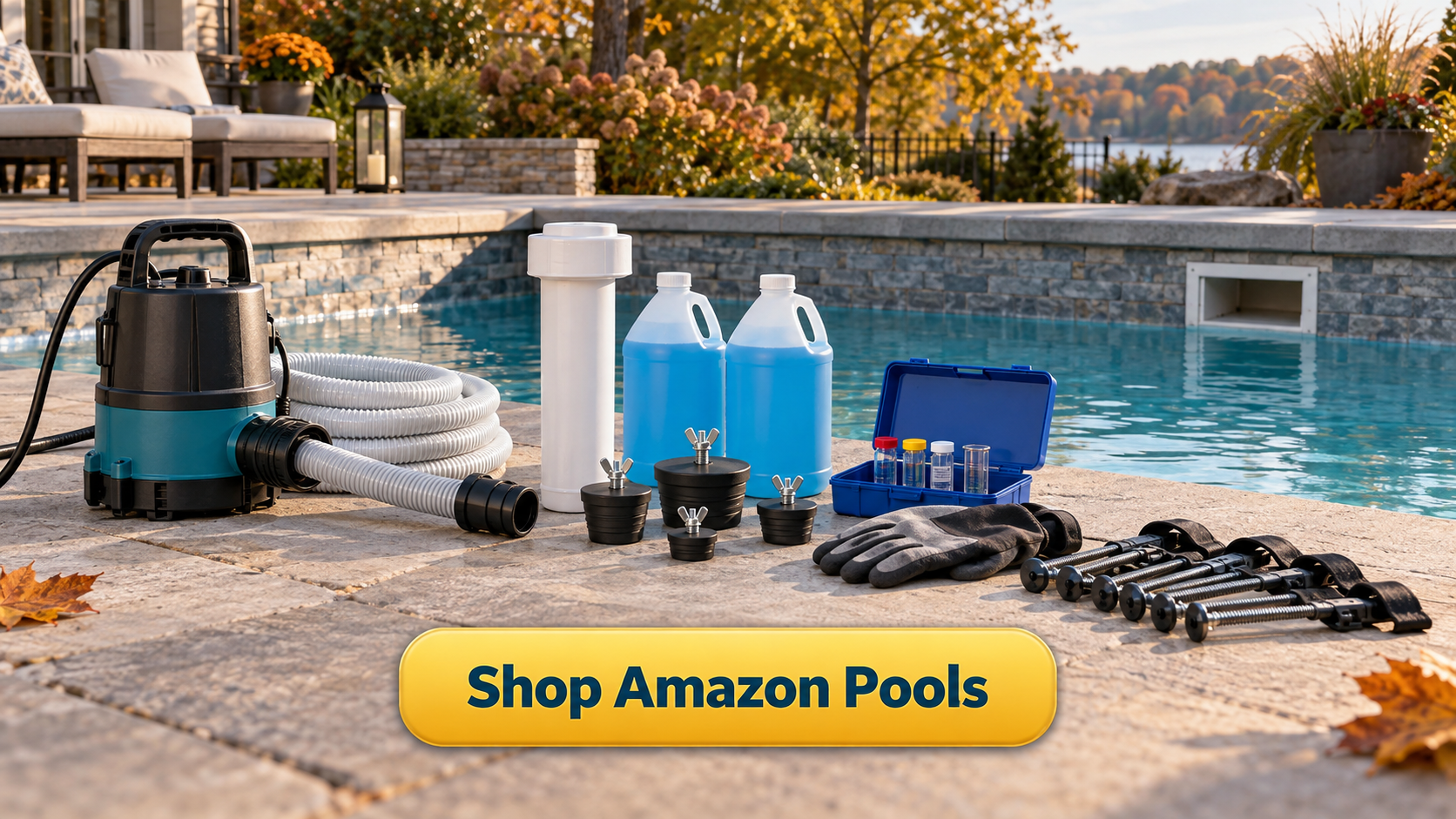 Shop Amazon Pools button with winter pool draining supplies including submersible pump, hose, skimmer gizmo, return plugs, antifreeze, test kit, gloves, and cover hardware