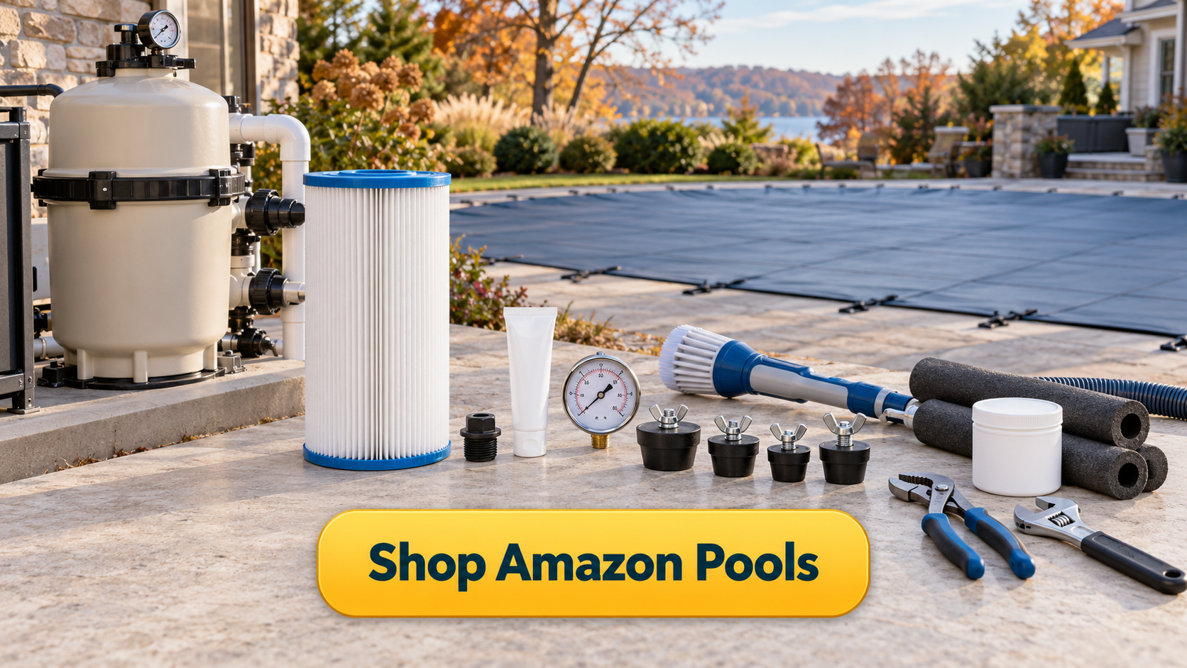 Shop Amazon Pools button with supplies for how to winterize a cartridge pool filter including pump plugs, pipe insulation, pool antifreeze, O-ring lubricant, and winter tools