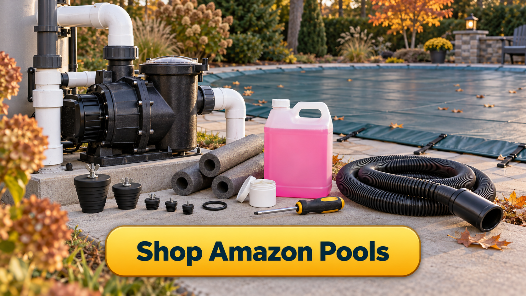 Shop Amazon Pools button with supplies for how to winterize a pool pump including pump plugs, pipe insulation, pool antifreeze, O-ring lubricant, and winter tools