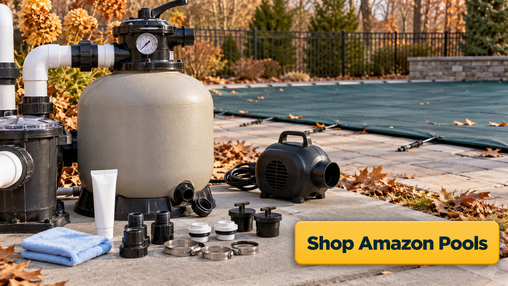 Shop Amazon Pools button with sand filter winterizing supplies, drain cap, pressure gauge, O-ring lubricant, winterizing plugs, and pool air blower