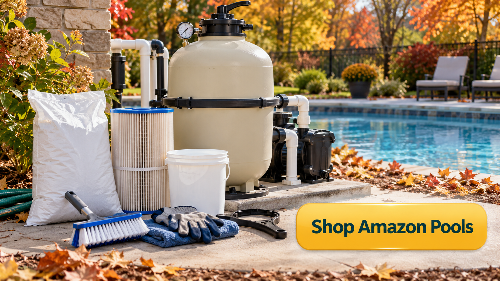 Pool supplies and DE filter equipment for winterizing a pool filter.