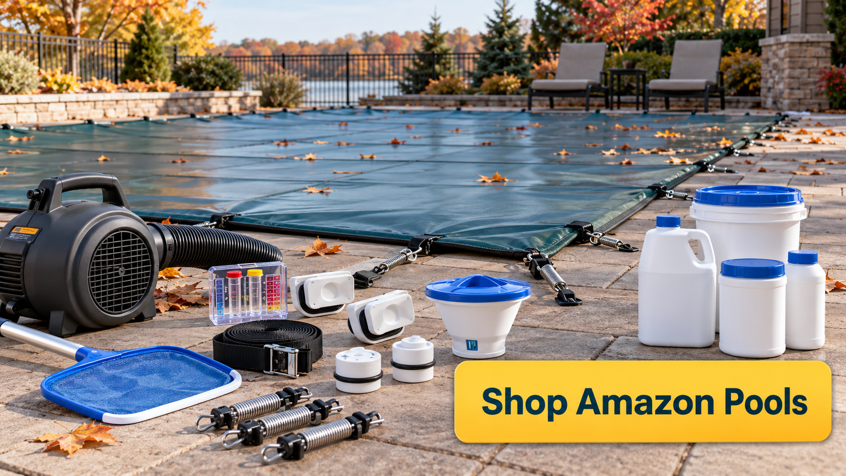 Pool winterization supplies including a cover blower, test kit, winter plugs, cover hardware, and brush