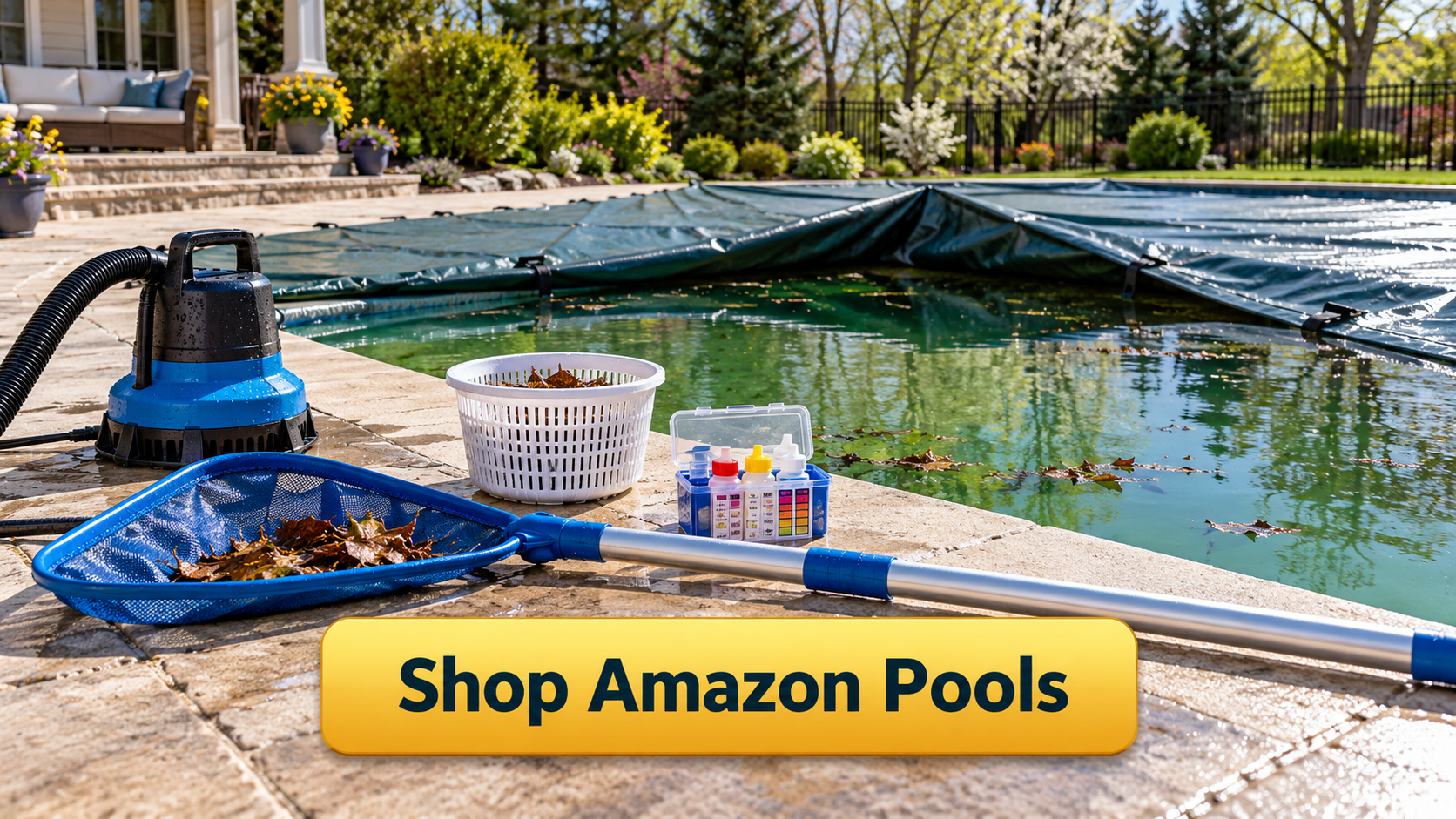 Spring pool-opening supplies beside green pool water with Shop Amazon Pools button