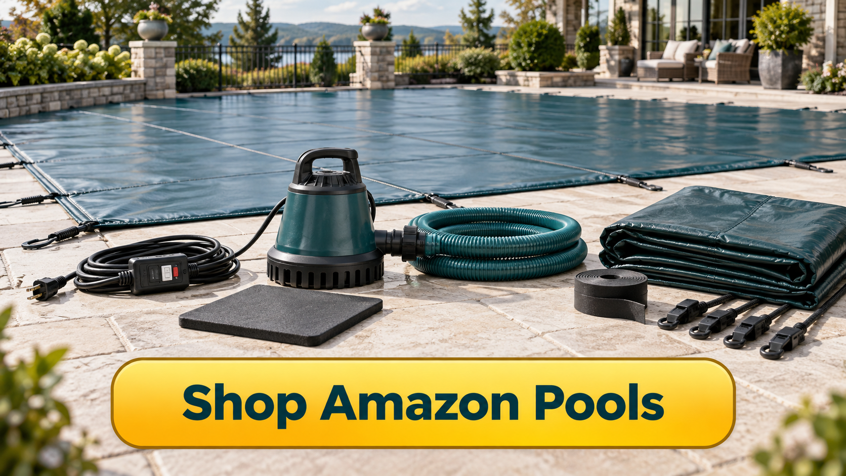 Shop Amazon Pools button with automatic pool cover pump, discharge hose, pump pad, and winter cover supplies