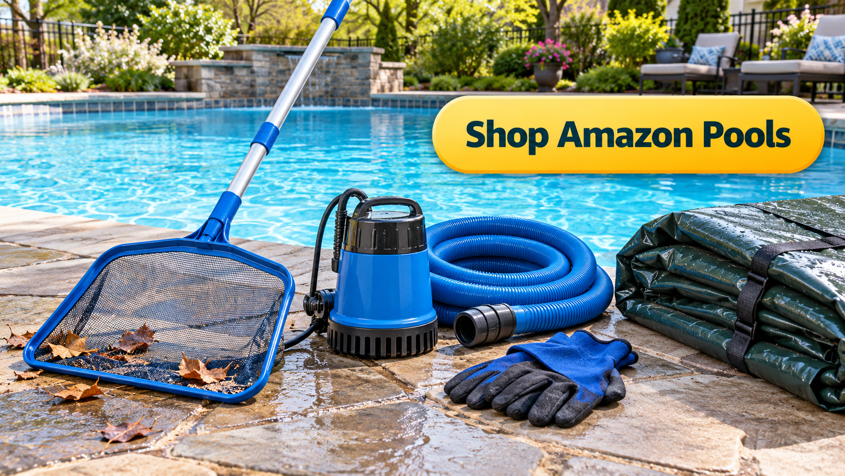 Shop Amazon Pools: pool cover pump, skimmer, gloves, hose, and folded cover supplies
