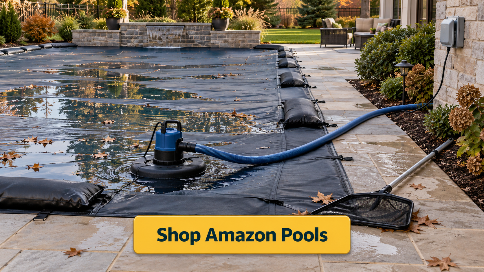 Shop Amazon Pools button with pool cover pump, discharge hose, water bags, leaf rake, and covered pool supplies