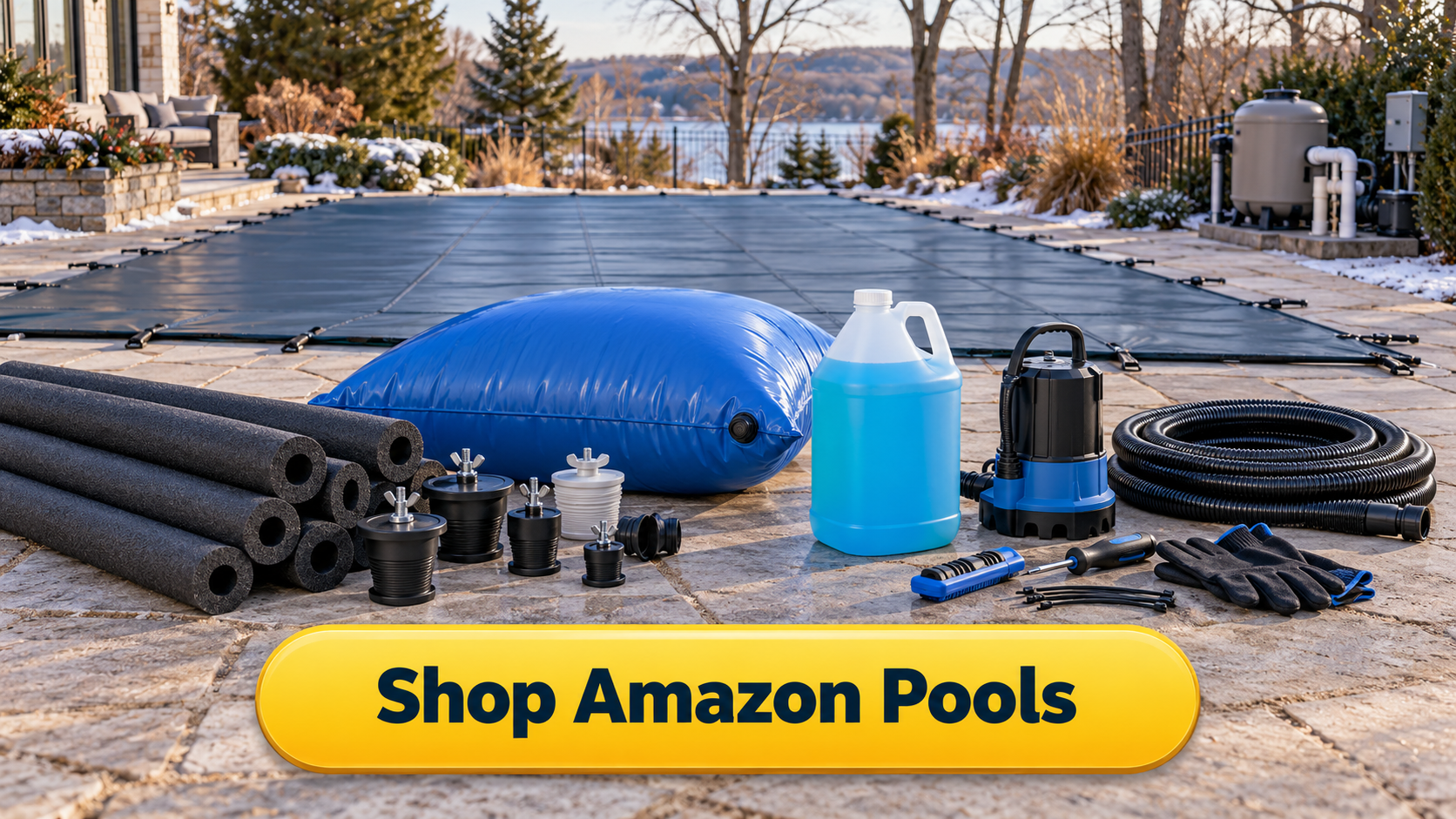 Shop Amazon Pools button with supplies for pool freeze protection including pipe insulation, plugs, pool antifreeze, cover pump, and winter tools
