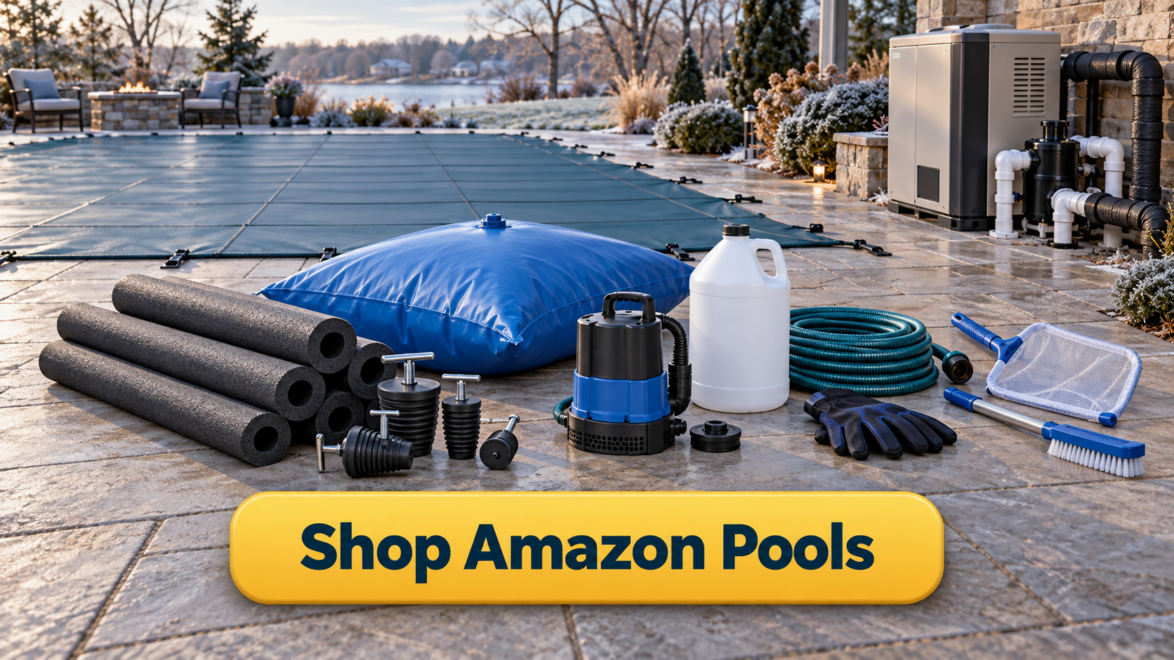 Shop Amazon Pools button with supplies for pool heater freeze protection including pipe insulation, plugs, pool antifreeze, cover pump, and winter tools