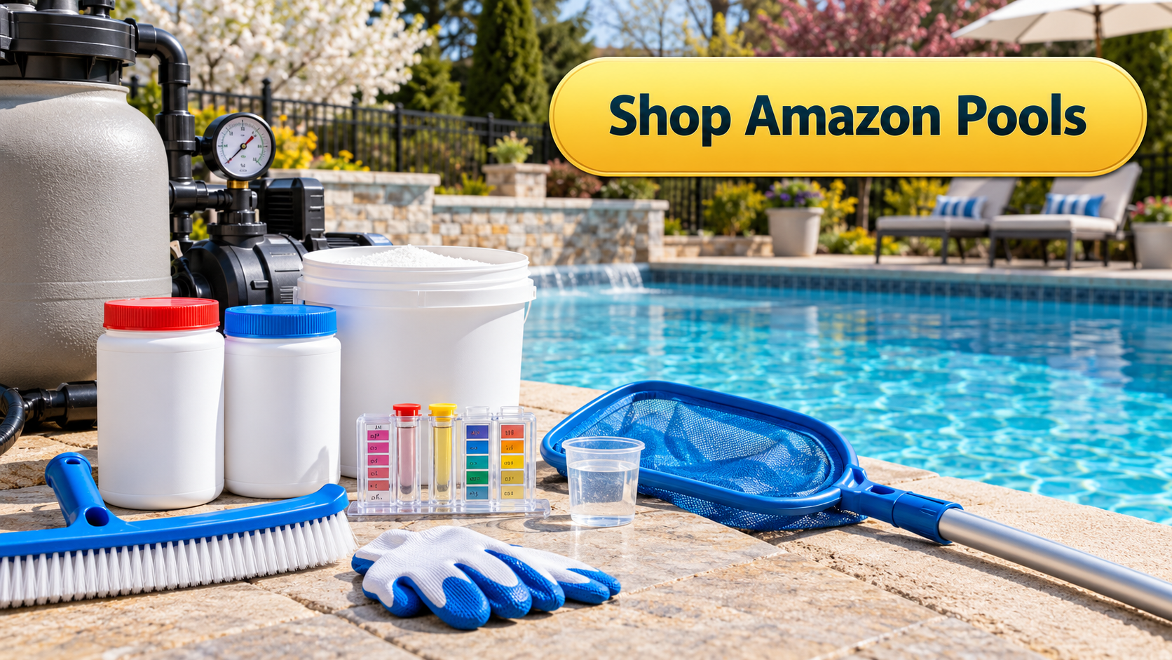 Pool opening chemicals, test kit, skimmer, brush, and supplies with a Shop Amazon Pools button