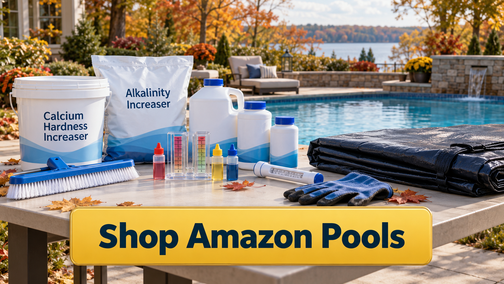 Shop Amazon Pools button with pool closing water balance supplies, test kit, calcium hardness increaser, alkalinity increaser, and winter cover