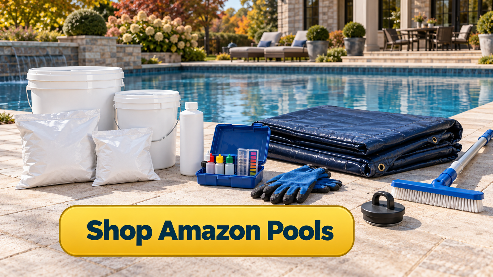 Shop Amazon Pools button with pool shock, winter algaecide, test kit, brush, gloves, plugs, and winter cover supplies