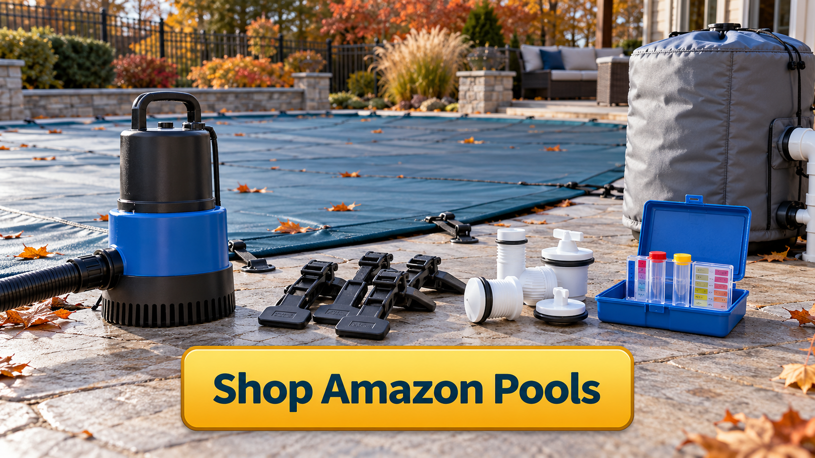 Winter pool maintenance supplies beside a covered pool with a Shop Amazon Pools button